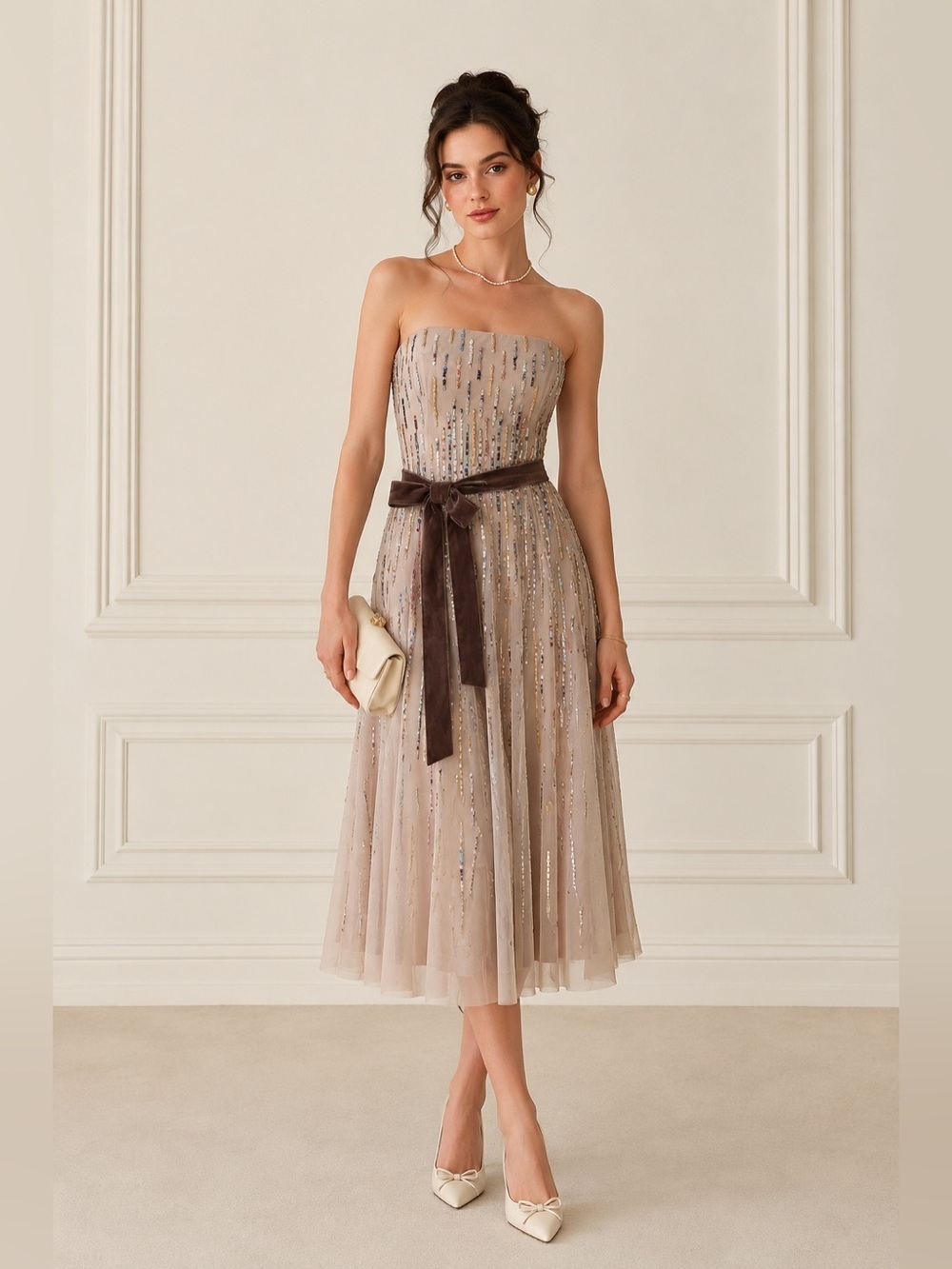 BCBGMAXAZRIA Sequin Tulle Midi Dress Taupe Brown Velvet Formal Events Wedding S - Picture 2 of 10